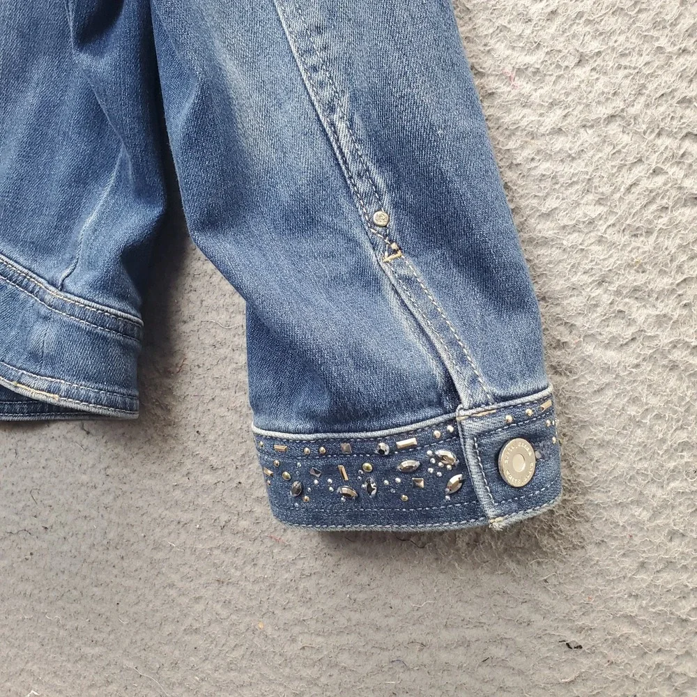 White House Black Market Trucker Jacket Womens 14 Blue Cuff Beaded Embellished